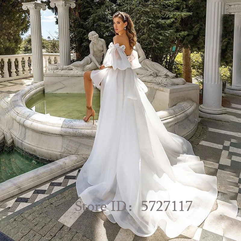 Fashion Sweetheart Puff Sleeves Bridal Gowns Stain A-Line Strapless Bride Dress A Line Backless Simple Wedding Dress Mopping - Image 3