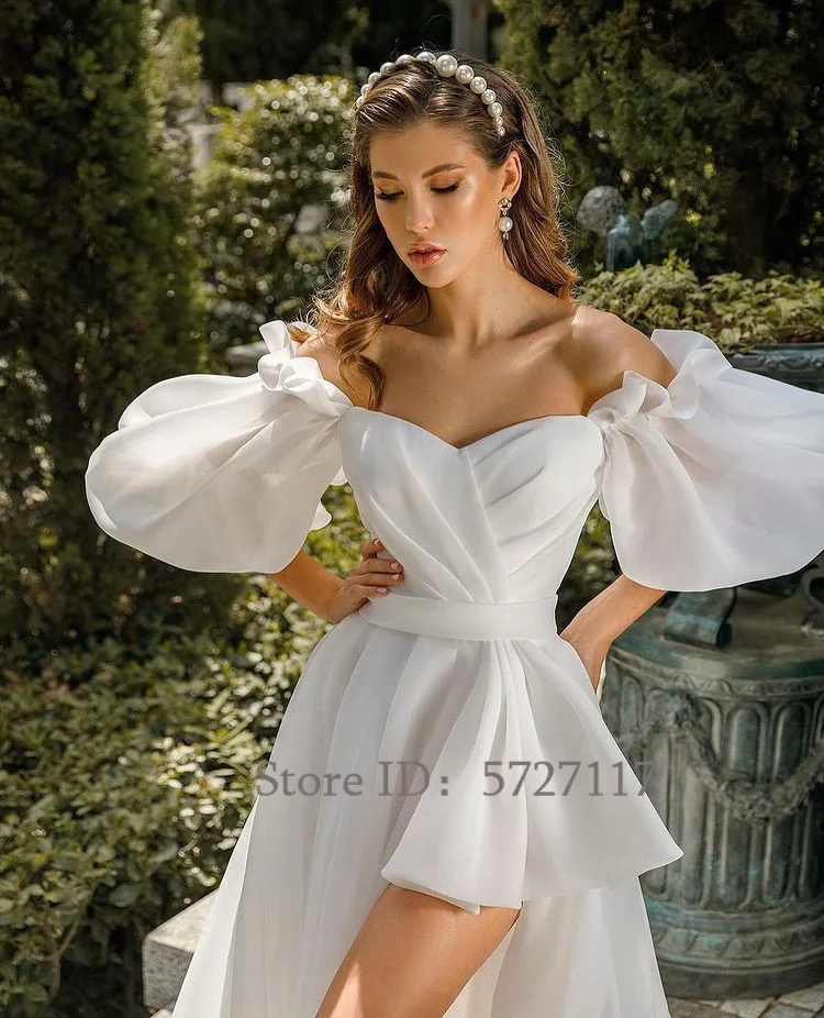 Fashion Sweetheart Puff Sleeves Bridal Gowns Stain A-Line Strapless Bride Dress A Line Backless Simple Wedding Dress Mopping - Image 2