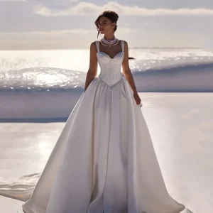Elegant lvory Satin A Line Wedding Dresses Sweetheart Bone Bridal Gowns Sleeveless pearl Women Bride Dress Vestidos Customized