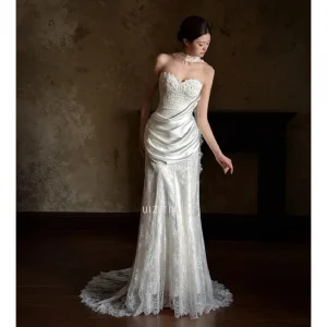 White Simple Mermaid Wedding Dresses Women Sexy Sweetheart Lace Appliques Satin Bridal Gowns Elegant Vestido De Novia Customized
