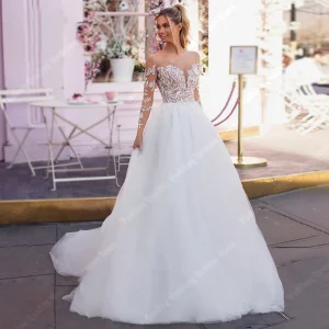 Elegant Long Sleeves Tulle Women Wedding Dresses Lace Printing Backless Bride Gowns Mopping Length Princess Ball Gown Customized