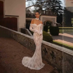 Customized Luxury Lace Pleated Mermaid Beaded Wedding Dress for Women Backless Long Sleeve Wedding Bridal Gown