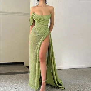 Charming Green Mermaid Evening Dresses Sparkly Sequins Sexy Slit Prom Gowns Graceful One Shoulder Customized Vestidos De Noche