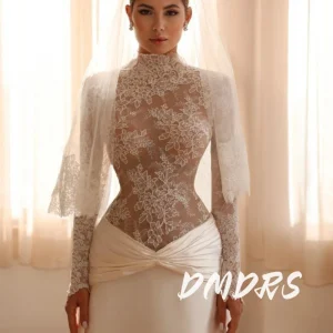 Semi-sheer Lace Charming Wedding Dress Customzied Flowy Satin Classy A Line Bridal Gown Gorgeous Long Sleeved Women Wear