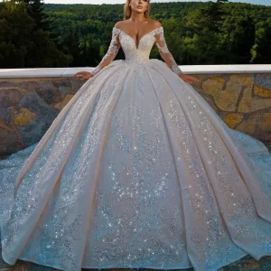 Customized Ball Gowns Beaded Appliques Sequins Off Shoulder Wedding Dress Long Sleeve Pleat Sweep Train Bridal Dresses