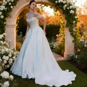 Off Shoulder Pearls Wedding Dresses for Bride Sweetheart A-Line Satin Pleated Bridal Ball Gown